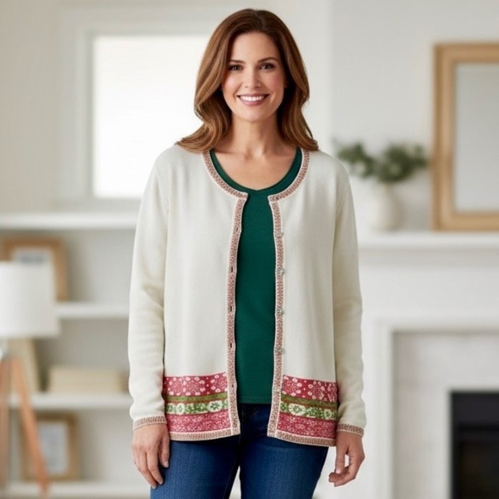 Appleseed's Cream Floral Cardigan Sweater Women's XL Long Sleeve‎ Button Up